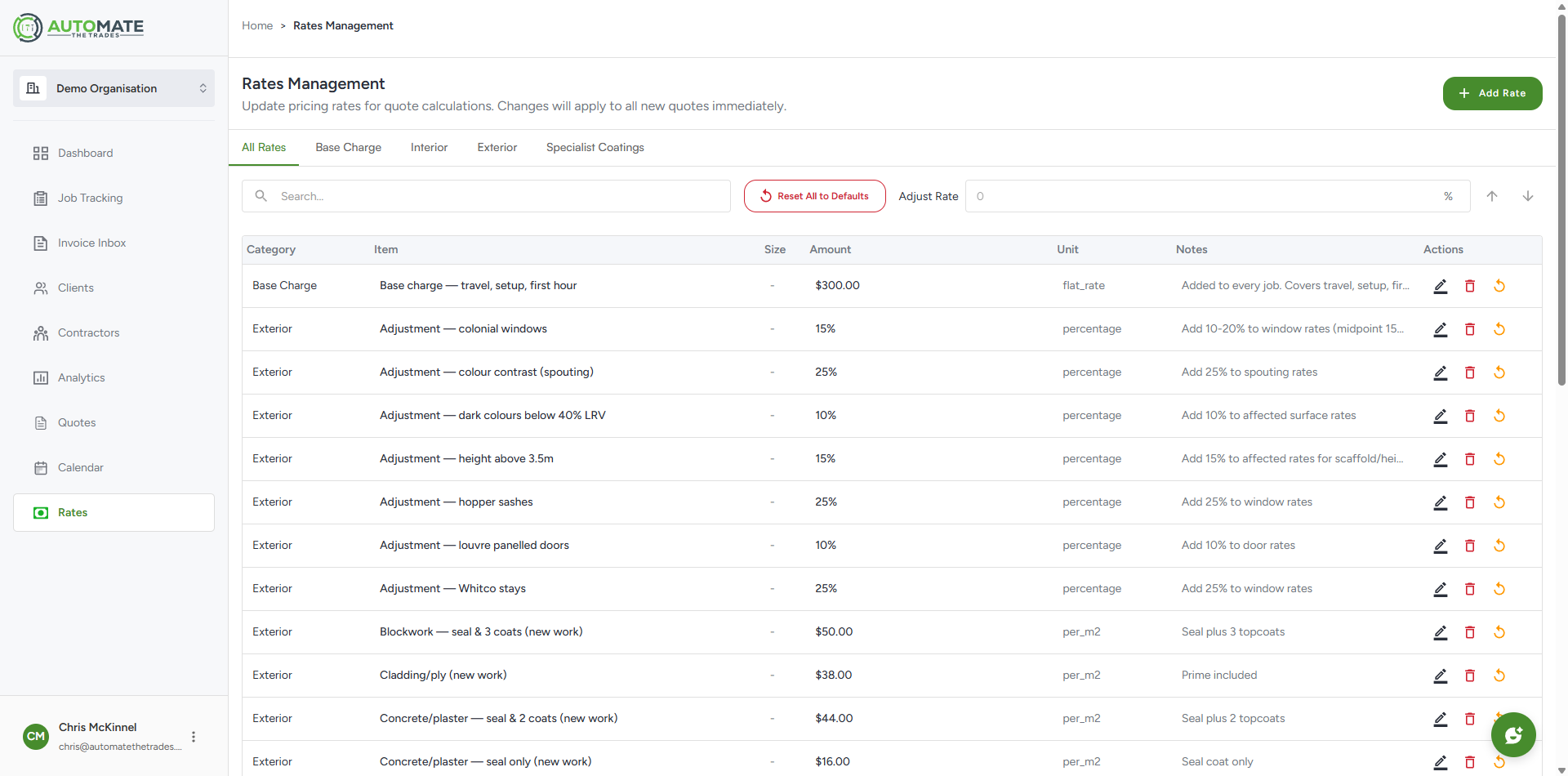 Rates configuration on desktop