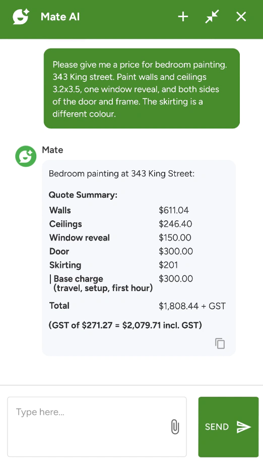 Mate AI chat interface building a painting quote