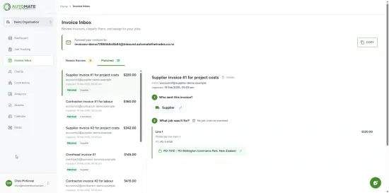 Invoice inbox showing AI-categorised invoices linked to jobs