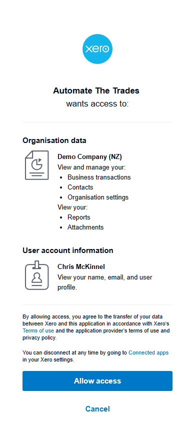 Xero integration on mobile